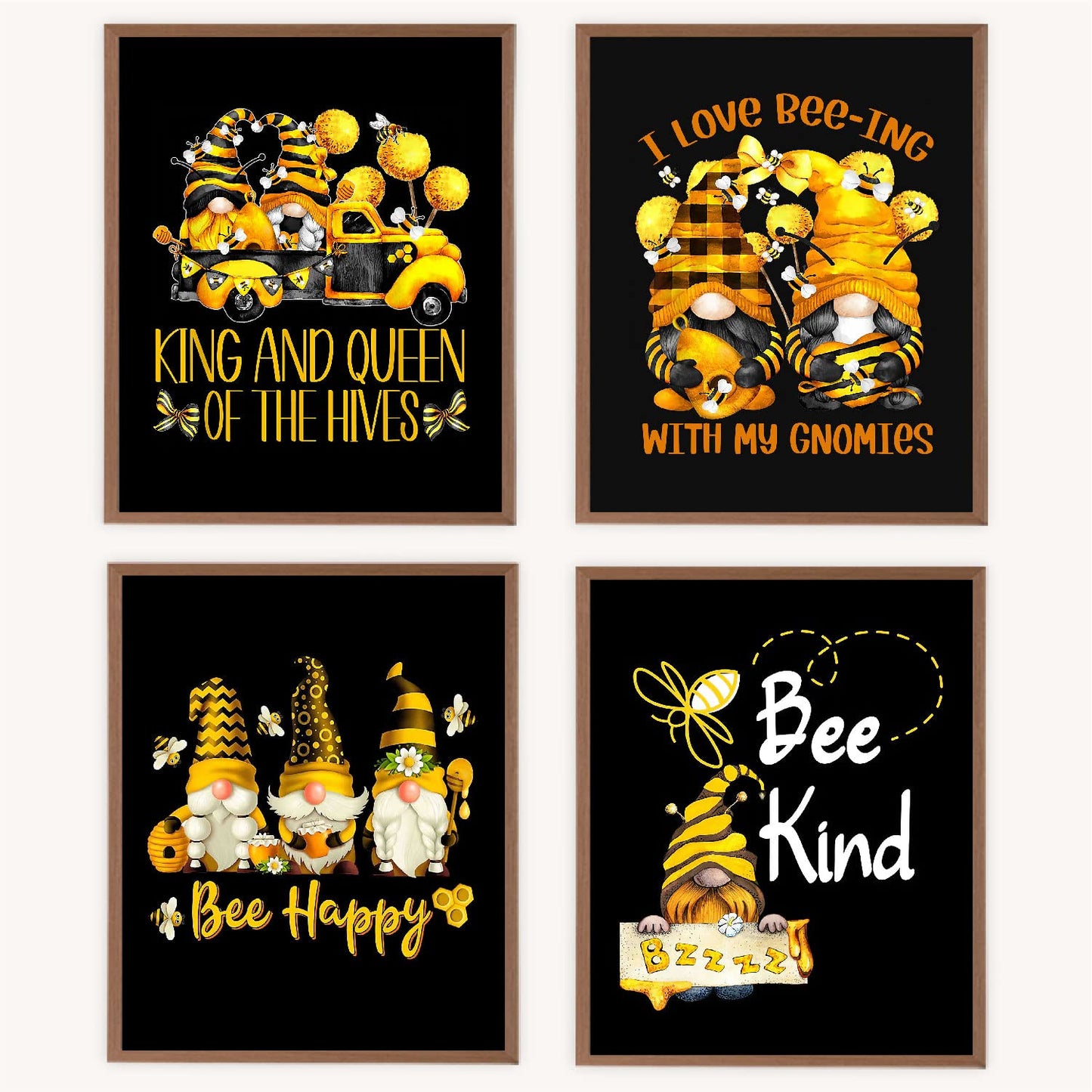 VNWEK Inspirational Quote Bee Kind Bee Happy Cute Bee Gnome Wall Art Poster Prints Unframed 8”x10”Set Of 4,Cute Bee Gnome Decorations for Home Kitchen Girls Room,Gnome Lovers Women Girls Gifts