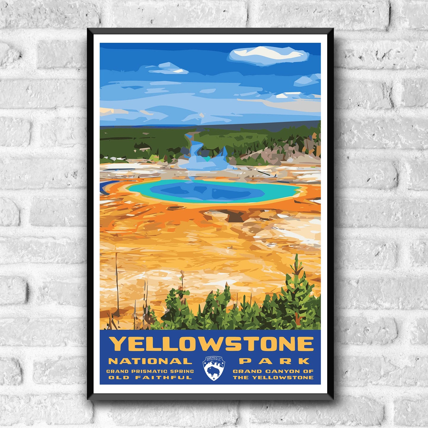 Yellowstone National Park Vintage-Style Travel Poster - 8x10-12x18-18x24-24x36 / 4x6 Postcard WPA Style Art Print Wyoming Montana Idaho USA Bison Grand Prismatic Spring (4x6 Inch Postcard)