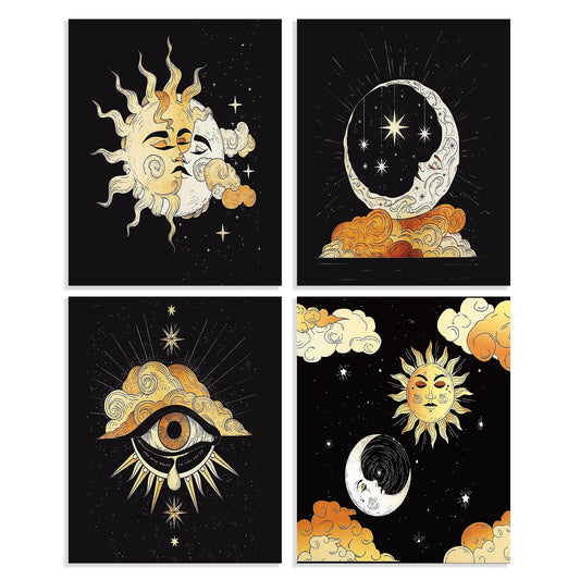 Tarot Starry Night Sun and Moon Cloud Demon Eye Poster Wall Art Prints Tarot Themed Art Decor for Office Home Living Room Girls Room,Tarot Lovers Gifts，8”x 10”Inch Poster Paintings Set of 4 Art Decor