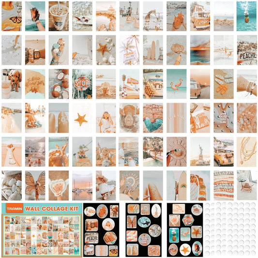 TRAMIN 100 PCS Peach Beach Posters for Room Aesthetic, Wall Collage Kit Aesthetic Pictures, Boho Style Collage Print Kit, Teal Color Room Decor for Girls, Wall Art Print for Room, Dorm Photo Display
