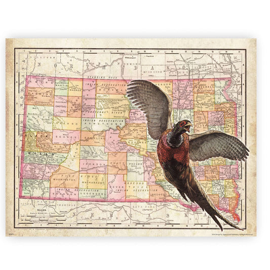 Inspirational Wall Art Co. - South Dakota - Vintage State Map Decoy Pheasant Hunter Unique Gift Call Field Hunting Men Motivational Posters - Print for Home Cabin Artwork Decor - 11X14 inches