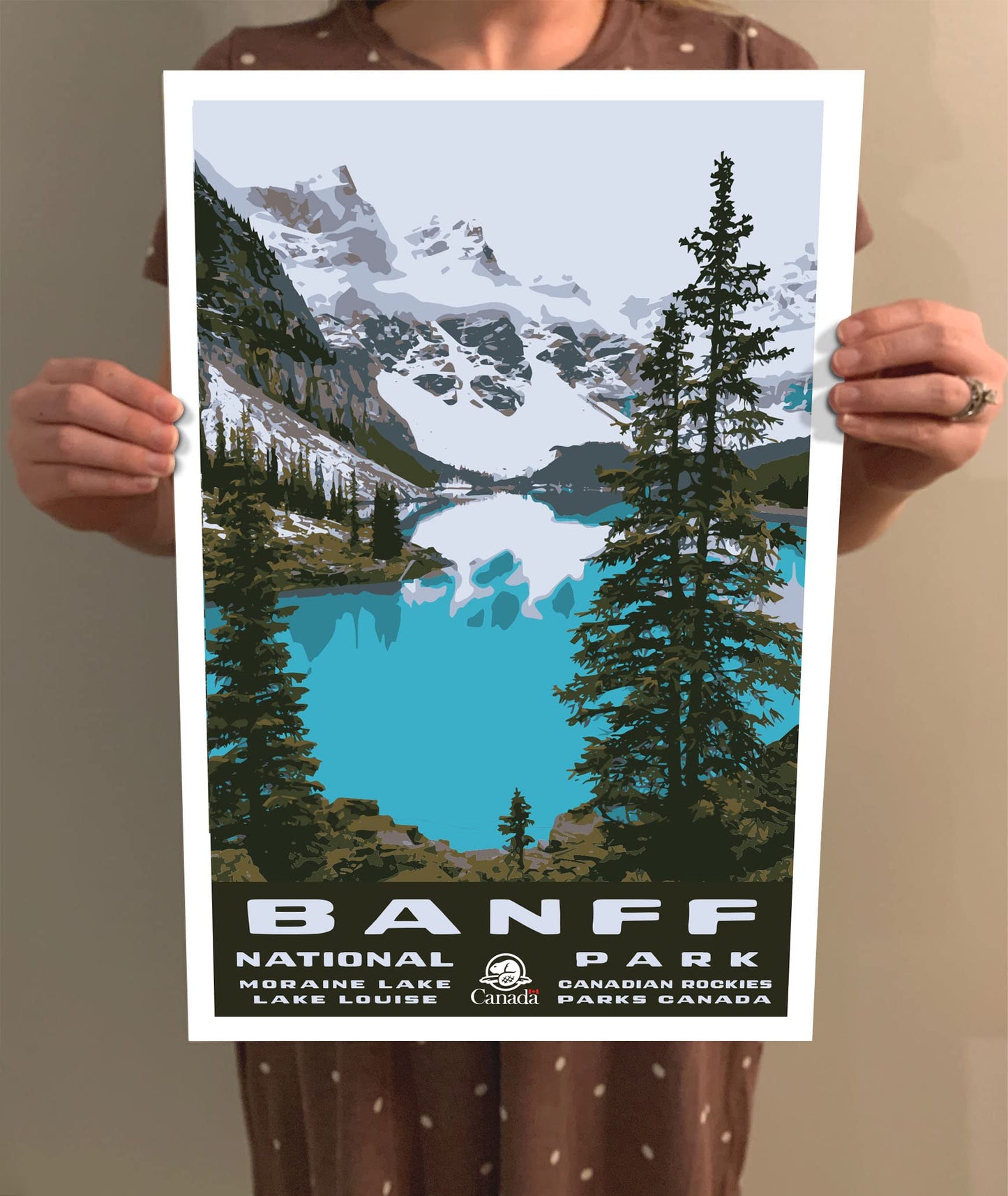 GO SEE DESIGN Banff National Park Travel Poster/Postcard - 8x10-12x18-18x24-24x36 / 4x6 WPA Style Art Print Moraine Lake Parks Canada Parcs Canada Alberta (4x6 Inch Postcard)