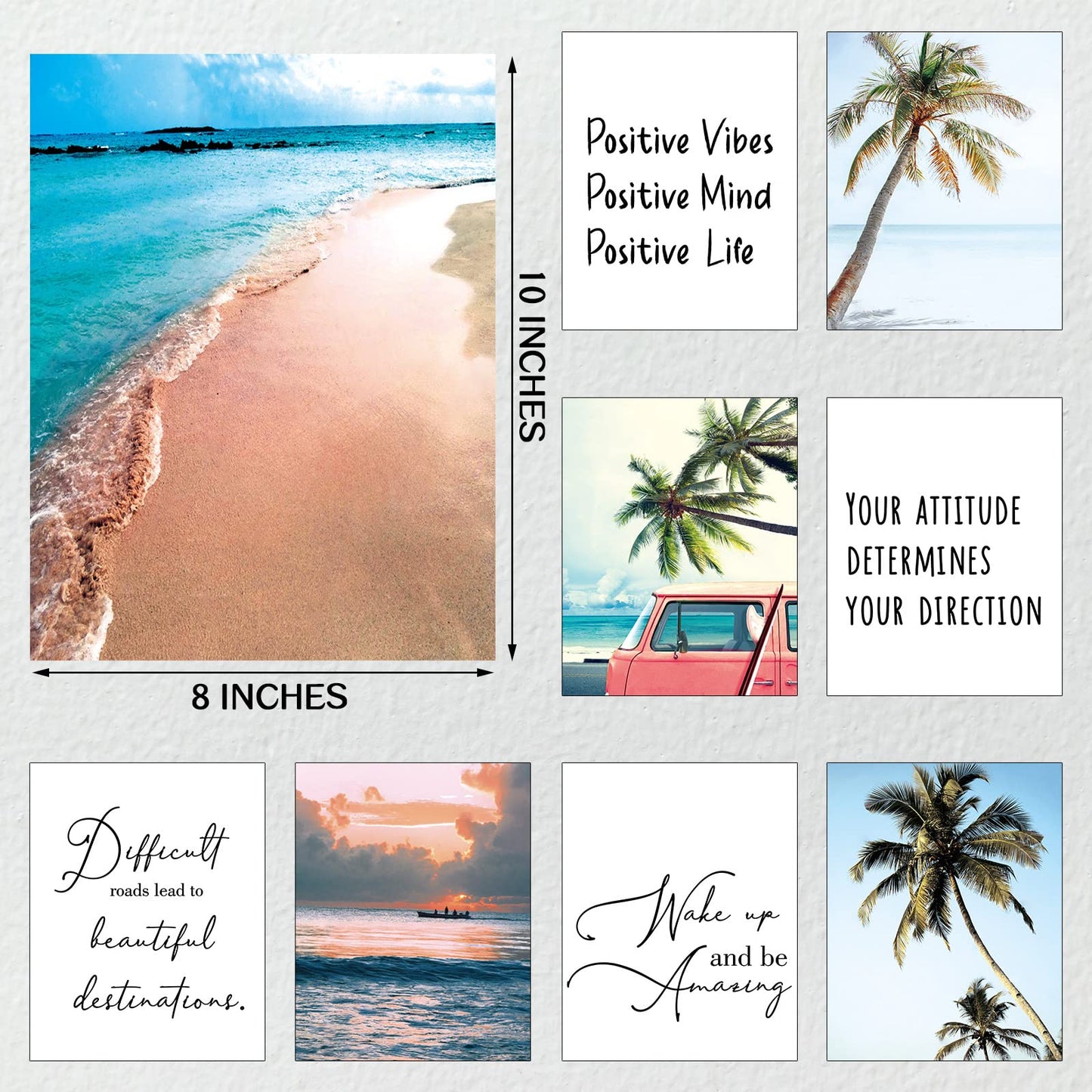 Chinco 9 Pieces Inspirational Beach Wall Art Office Motivational Quotes Wall Art Palm Tree Posters Set Summer Ocean Coastal Photos Prints for Men Women Bedroom Living Room Decoration