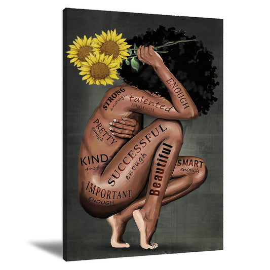 Black Women Poster African American Wall Decor Black Queen Canvas Prints Black Women Portrait Wall Art Abstract Sunflower Canvas Printing Print for Office Bedroom Decorations 16X24 in UNFRAMED