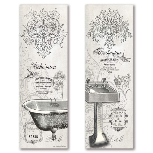 2 Vintage French Claw-foot Bathtub and Sink Panel Prints; Two 6x18inch UNFRAMED Paper Posters
