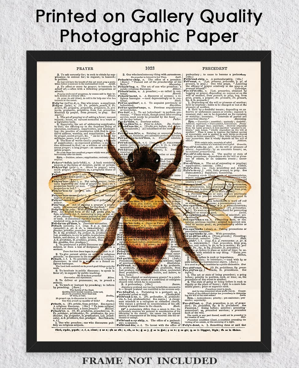 Vintage Bee Dictionary Wall Art Print - 8x10 Unframed Poster Print for Home, Office, Living Room and Bedroom - Creative Gift Idea for Bee and Farm Lovers