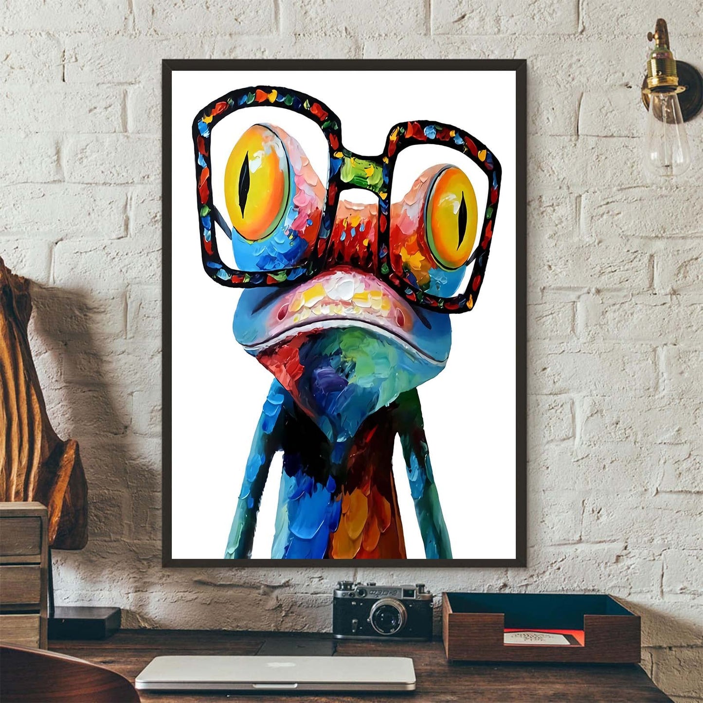 Cute Frog Wall Art Canvas Paintings Colorful Funny Frog with Glasses Pictures, Abstract Animals Canvas Wall Art Posters Prints for Bedroom Living Room Kitchen Bathroom Office Wall Decor