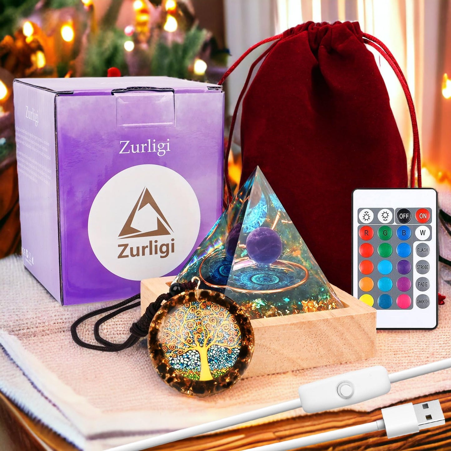 Zurligi Organite Orgone Pyramid, Orgone Pyramid with Wooden Led Display Base with Remote Control Amethyst Chakra New Inspirational Orgonite Crystal Pyramid Kit for Positive Energy