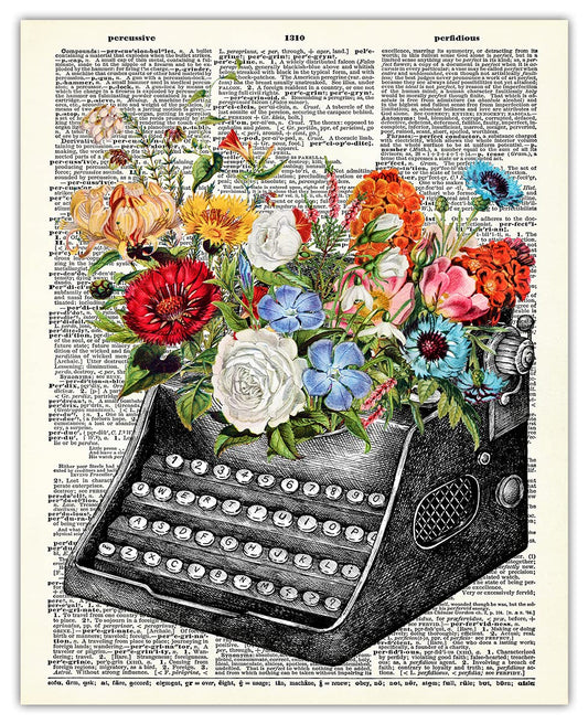 Vintage Typewriter and Flowers Dictionary Wall Art Print: 8x10 Unframed Poster For Home, Office, Dorm & Bedroom Decor - Great Gift Idea Under $15 for Writers