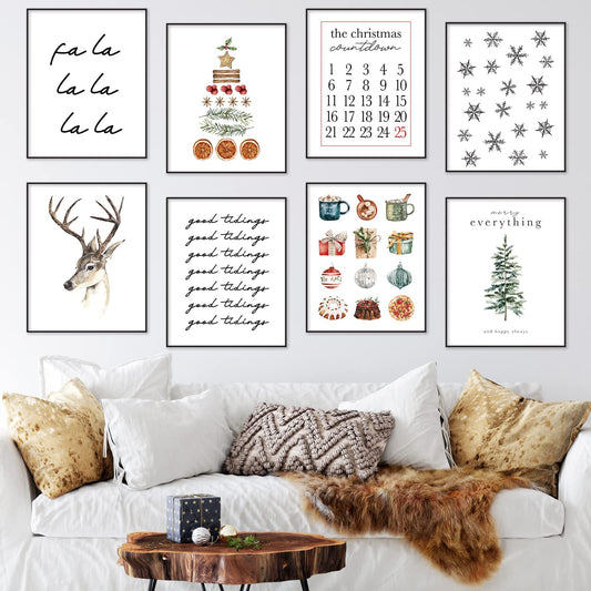 AnyDesign 12Pcs Christmas Wall Art Prints Minimalist Watercolor Xmas Art Poster Aesthetic Cozy Christmas Posters Room Decor for Xmas Winter Gallery Living Room Bathroom Wall Decor(UNFRAMED, 8x10in)