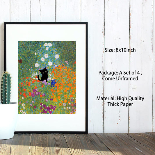 Black Cat Posters for Wall Décor, Cute and Vintage Posters with Van Gogh Art and Monet Art, Funny Bathroom Decor Wall Art, Set of 4, 8X10 inch unframed