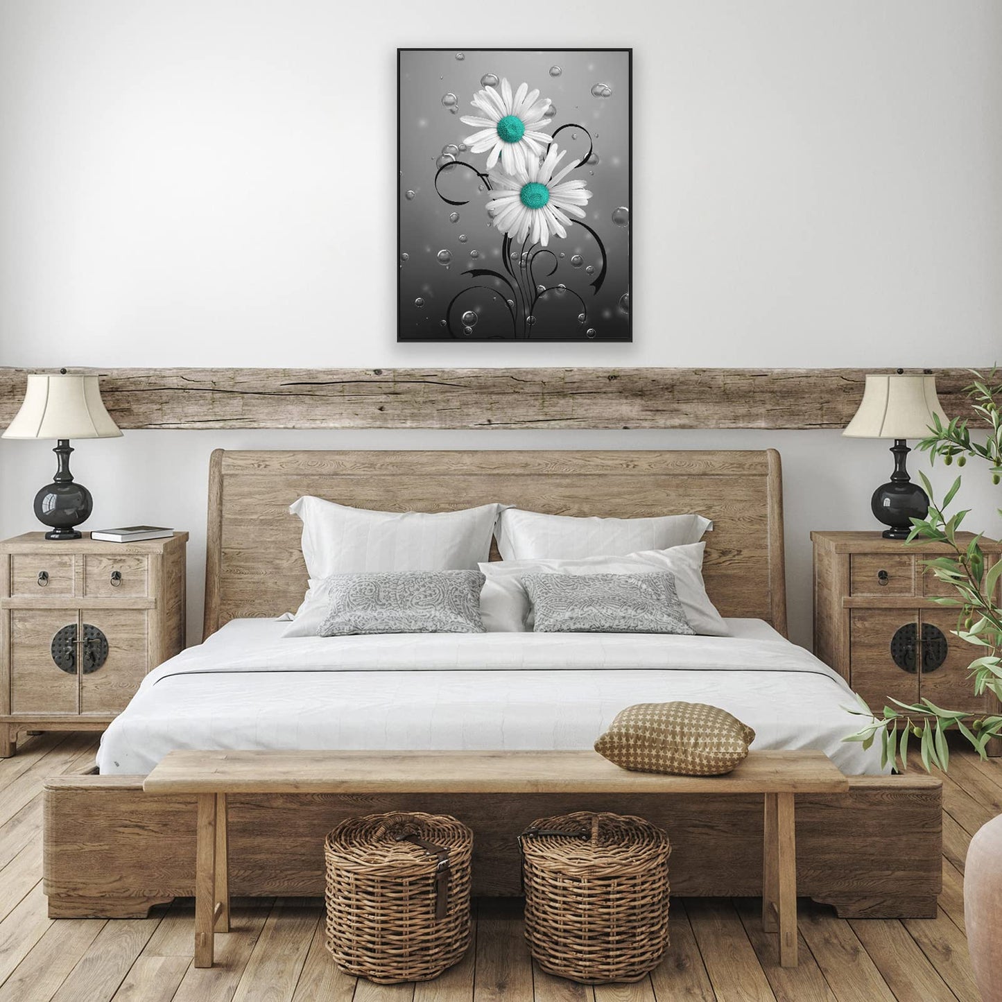 Daisy Canvas Wall Art Flower Bathroom Art Abstract Teal Daisy Poster White Flower Canvas Painting Rustic Daisy Wall Art Decor Country Floral Poster Prints for Living Room Bedroom (Unframed,16x20inch)