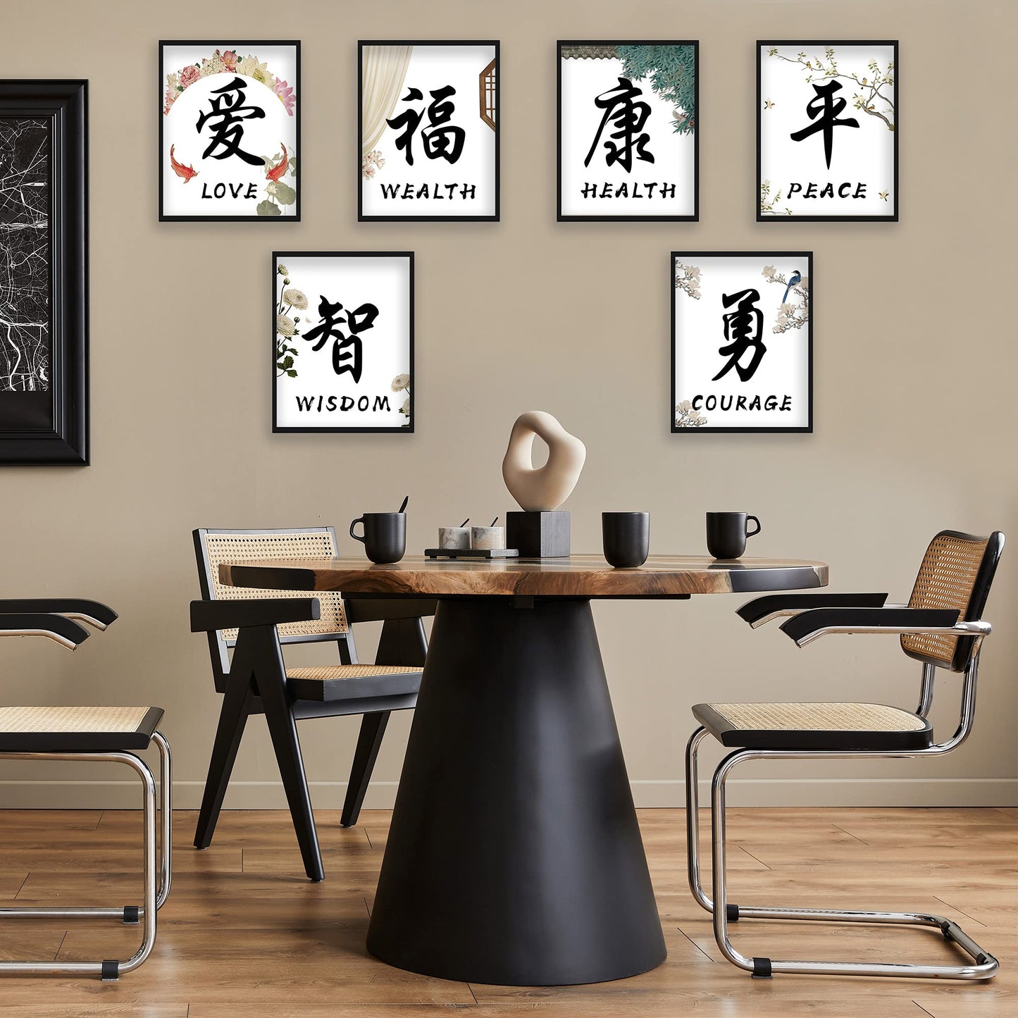 ETIUC 8x10in Chinese Calligraphy Wall Art Decor Prints Set of 6 Unframed Inspirational Poster Prints - Wisdom, Courage, Peace, Wealth, Love, Health Chinese Character for Livingroom Bedroom Office