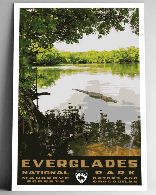Everglades National Park Vintage-Style Travel Poster - 8x10-12x18-18x24-24x36 / 4x6 Postcard WPA Style Florida Art Print Mangrove Swamp Aligator Crocodile (4x6 Inch Postcard)