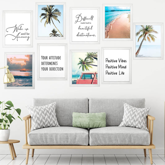 Chinco 9 Pieces Inspirational Beach Wall Art Office Motivational Quotes Wall Art Palm Tree Posters Set Summer Ocean Coastal Photos Prints for Men Women Bedroom Living Room Decoration