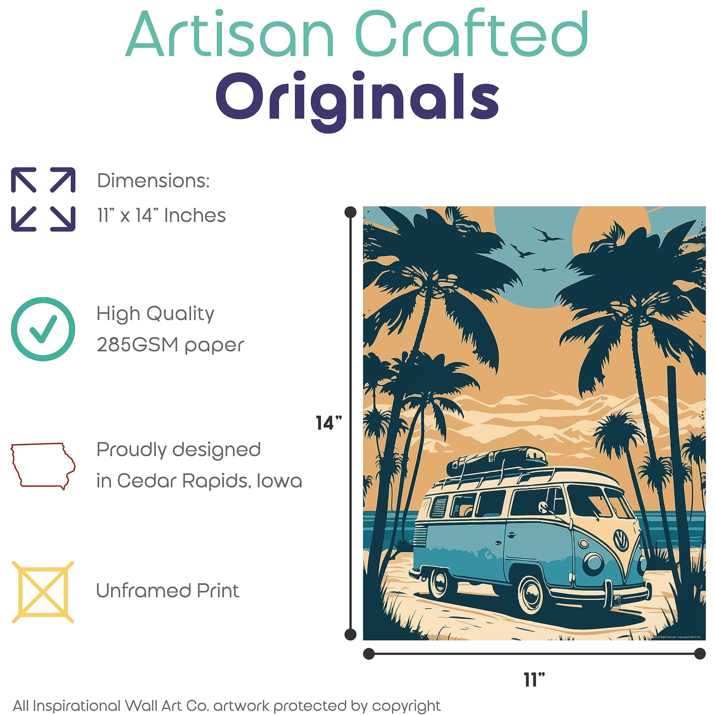 Inspirational Wall Art Co. - Palm Trees | Retro Volkswagen Van Poster - Vintage Beach Poster - Beach Surf Poster - Vintage Beach Prints - Pictures For Beach House | 11x14 Inches Unframed