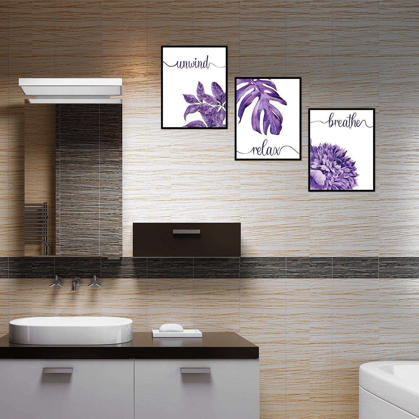 6 Pieces Purple Wall Art Decor Relax Soak Wash Breathe Unwind Bathroom Decor Unframed Flower Poster Prints Photos Farmhouse Wall Painting Decor for Home Bathroom Washroom, 8 x 10 Inch (Purple)