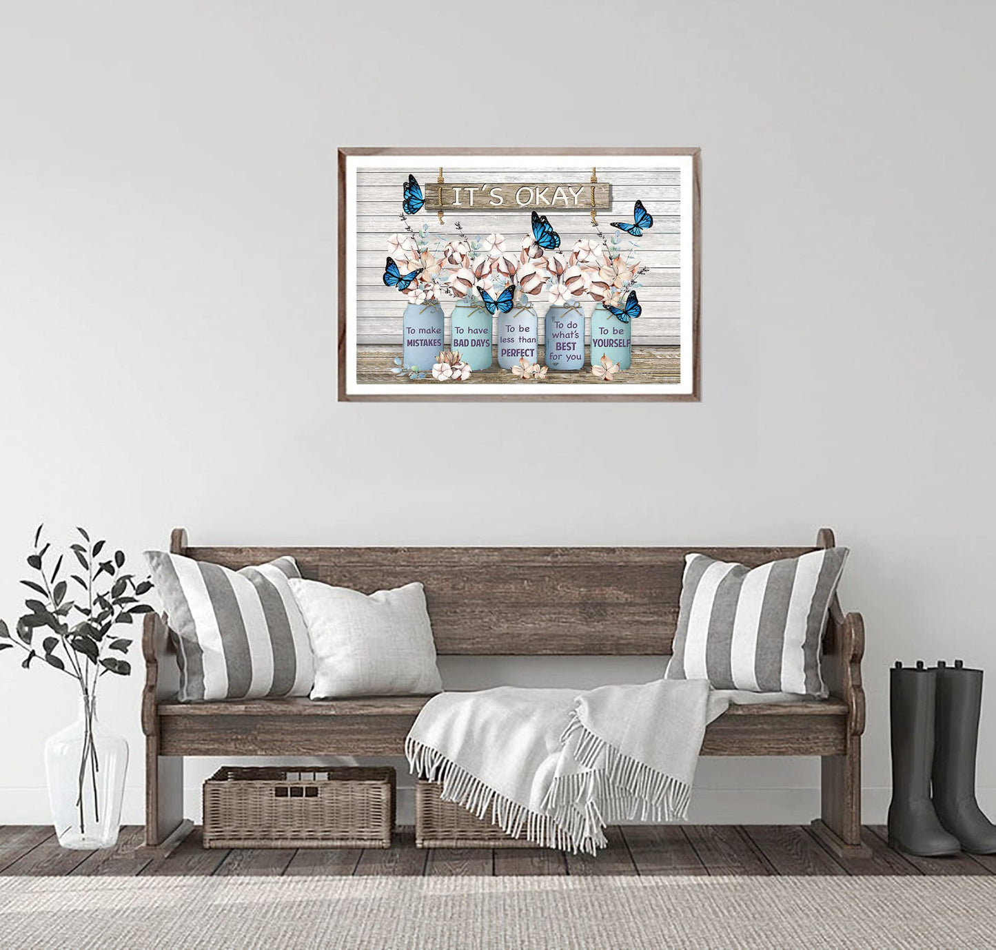 BOUHES Cotton Bouquet Wall Art It's Okay Wall Art Inspirational Quotes Wall Decor Rustic Farmhouse Cotton Painting Print Motivational Poster For Living Room Bathroom Office Home Decor Frameless