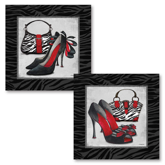 Gango Home Decor Exotic Zebra Print; Fun Popular Trendy Purse and High-Heel Set; Two 12x12in Poster Prints. Black/REd