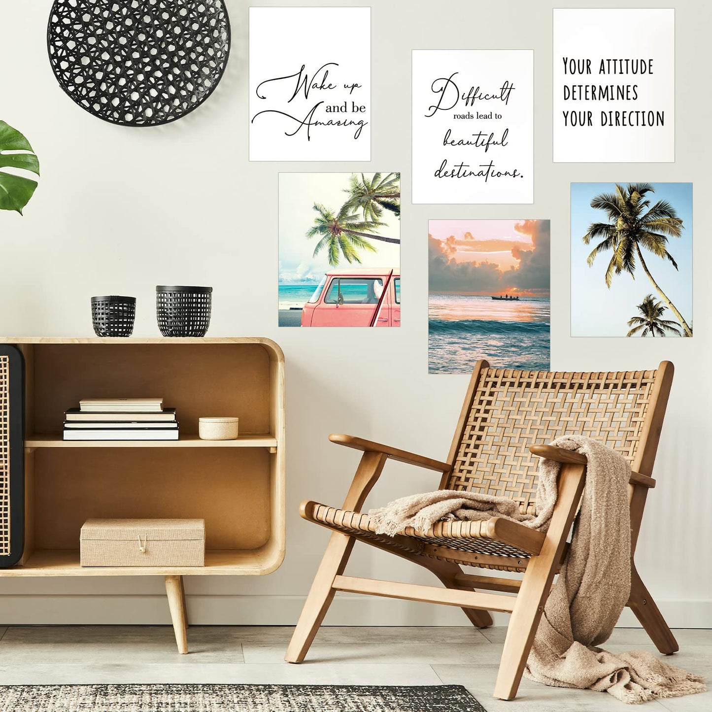 Chinco 9 Pieces Inspirational Beach Wall Art Office Motivational Quotes Wall Art Palm Tree Posters Set Summer Ocean Coastal Photos Prints for Men Women Bedroom Living Room Decoration