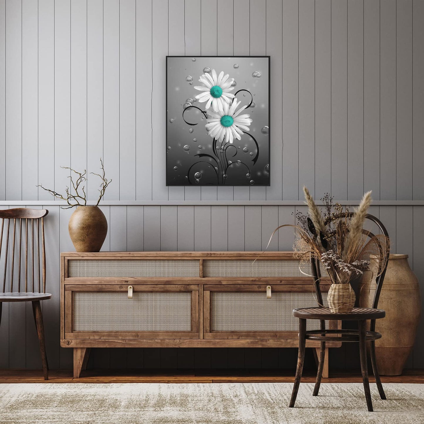 Daisy Canvas Wall Art Flower Bathroom Art Abstract Teal Daisy Poster White Flower Canvas Painting Rustic Daisy Wall Art Decor Country Floral Poster Prints for Living Room Bedroom (Unframed,16x20inch)