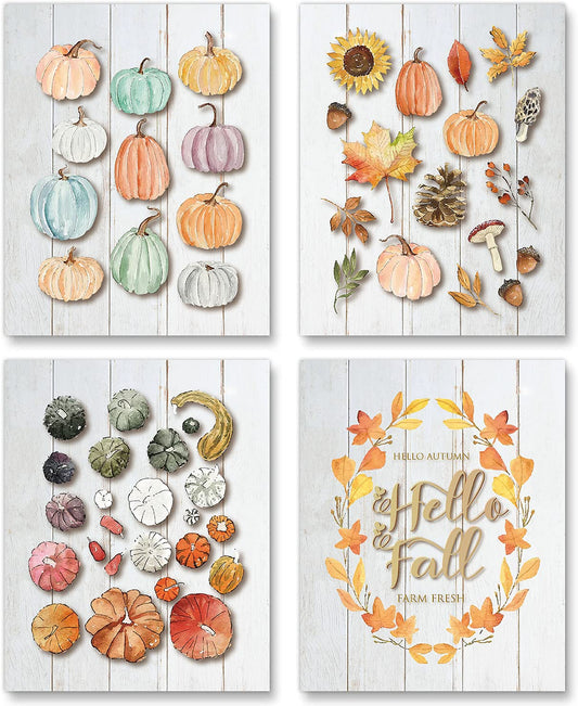 Gubrandin Watercolor Fall Wall Art Colorful Pumpkins Print Farmhouse Halloween Decorations Living Room Thanksgiving Harvest Gift Rustic Country Poster For farm (8x10 inch，Set of 4，Unframed)