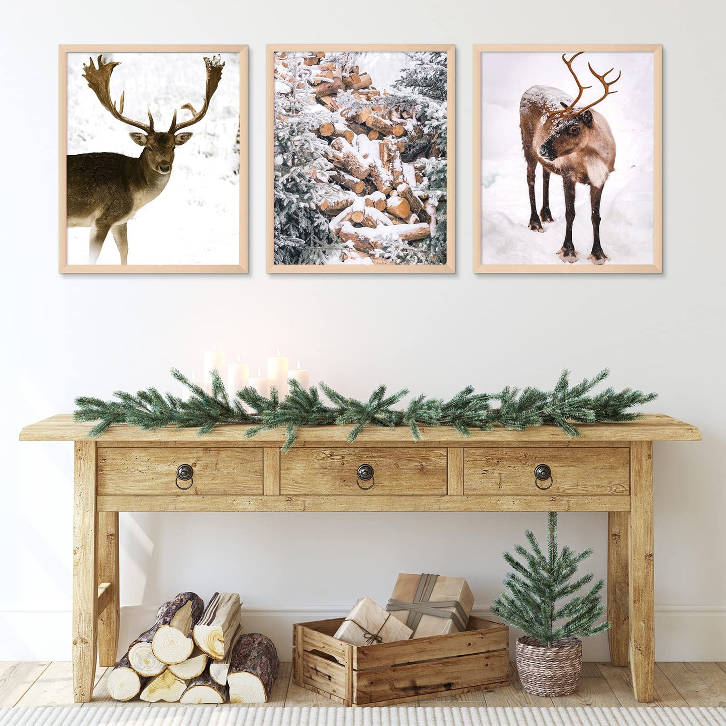 Whaline 8x10in 12Pcs Winter Wall Art Prints Cozy Christmas Room Decor Scandinavian Poster Snow Forest Frost Pictures Xmas Tree Deer Mountain House Photo for Gallery Wall Home Nordic Decor(UNFRAMED)