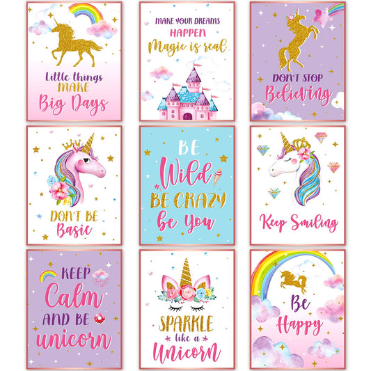 Zonon 9 Pieces Unicorn Bedroom Decor for Girl, Unicorn Wall Art Prints Unicorn Posters for Teen Girls Room Unframed Unicorn Wall Decor for Girls Kids Teen Room Decoration