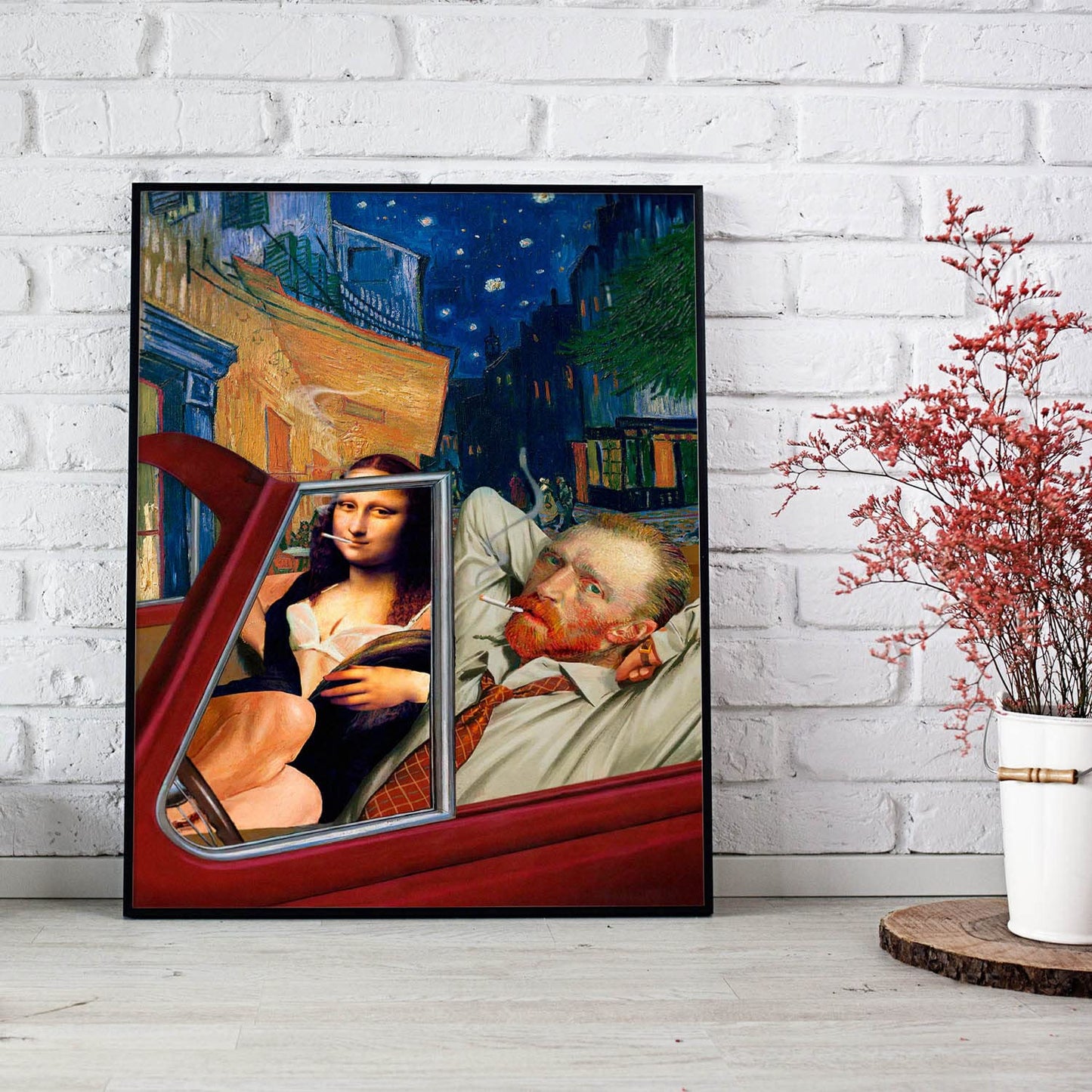 Van Gogh Starry Night Wall Decor - Mona Lisa Posters Wall Art - Funny Posters - Gag Gifts - Cool Edgy Poster - Van Gogh & Mona Lisa Driving Red Sports Car - Vintage Landscape Wall Art, 8x10" Unframed