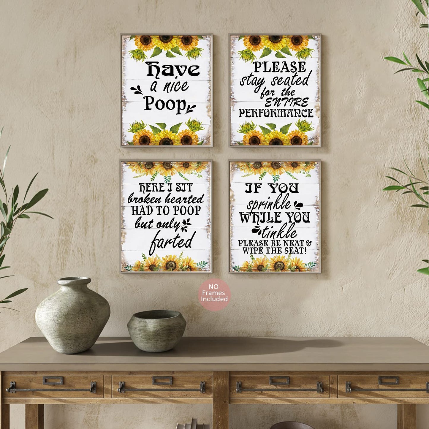 MTL HOE Bathroom Quotes and Sayings Art Prints,Funny Bathroom Rules Wall Decor Poster, Funny Signs for Bathroom, Sunflower Funny Bathroom Wall Art Decor, Set of 4, 8 X 10 in UNFRAMED