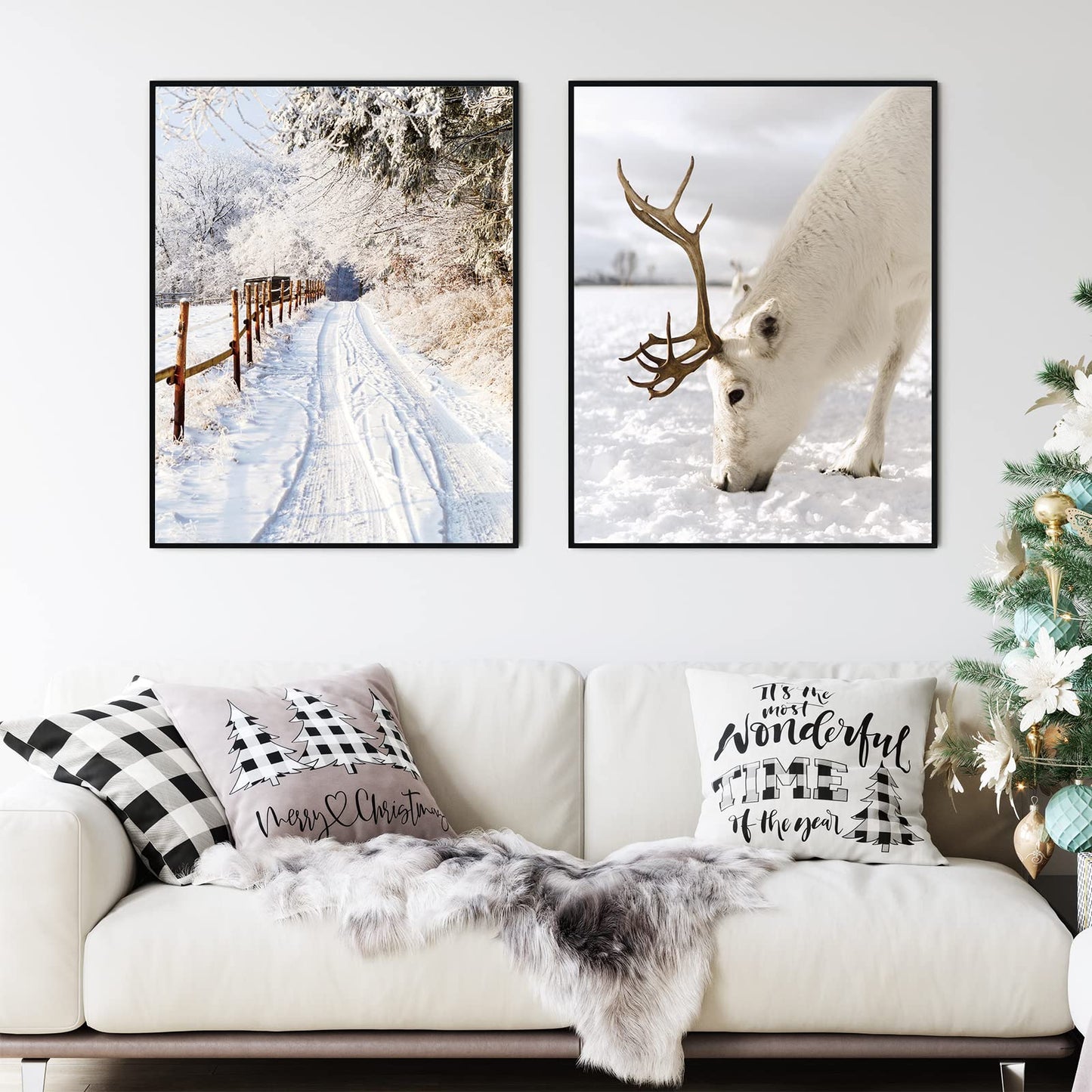 Whaline 8x10in 12Pcs Winter Wall Art Prints Cozy Christmas Room Decor Scandinavian Poster Snow Forest Frost Pictures Xmas Tree Deer Mountain House Photo for Gallery Wall Home Nordic Decor(UNFRAMED)