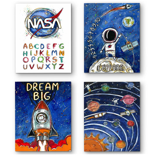 Prints Wall Art Space Room Decor (11"x14"size) For Boys Girls And Toddlers, 4 Posters Set Printed On Ivory Paper Great For Kids Playroom,kid bedroom or Bathroom by 4LittleHeroes (11" X 14")