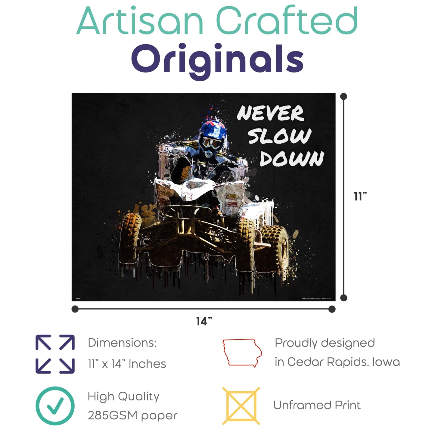 Inspirational Wall Art Co. - Never Slow Down - Four Wheeler ATV UTV Offroad Vehicle Powersports Motivational Quotes Posters - Print Home Gift Room Decor - 11X14 inches