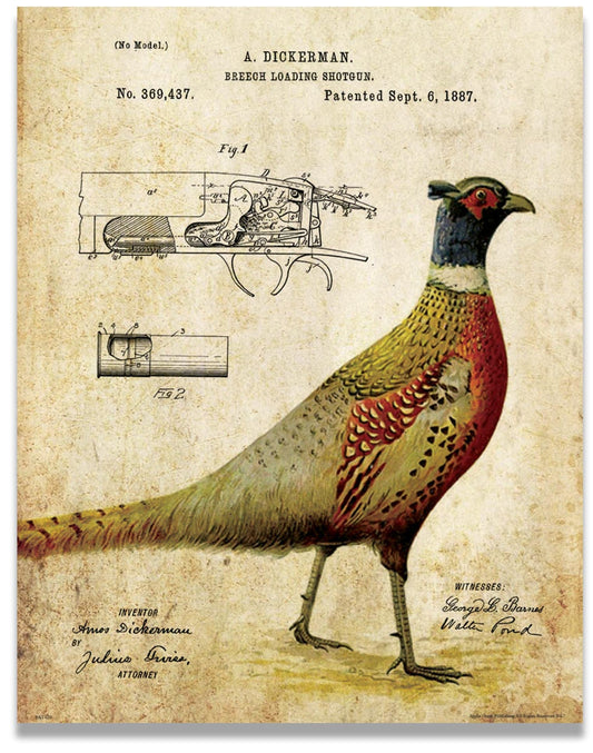Apple Creek Pheasant Hunting Vintage Shotgun Patent Poster Art Print Reproduction 11x14 Black Yellow Lab Labadore Call Wall Decor Pictures