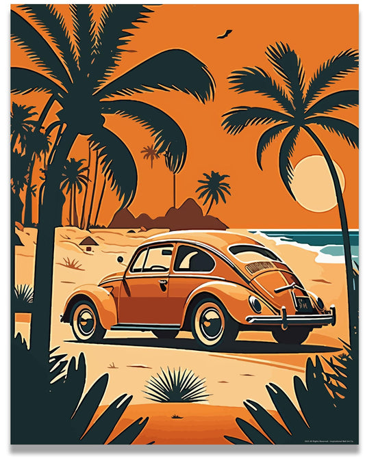 Inspirational Wall Art Co. - Orange Beetle | Retro Volkswagen Poster - Vintage Beach Poster - Beach Surf Poster - Vintage Beach Prints - Pictures For Beach House | 11x14 Inches Unframed