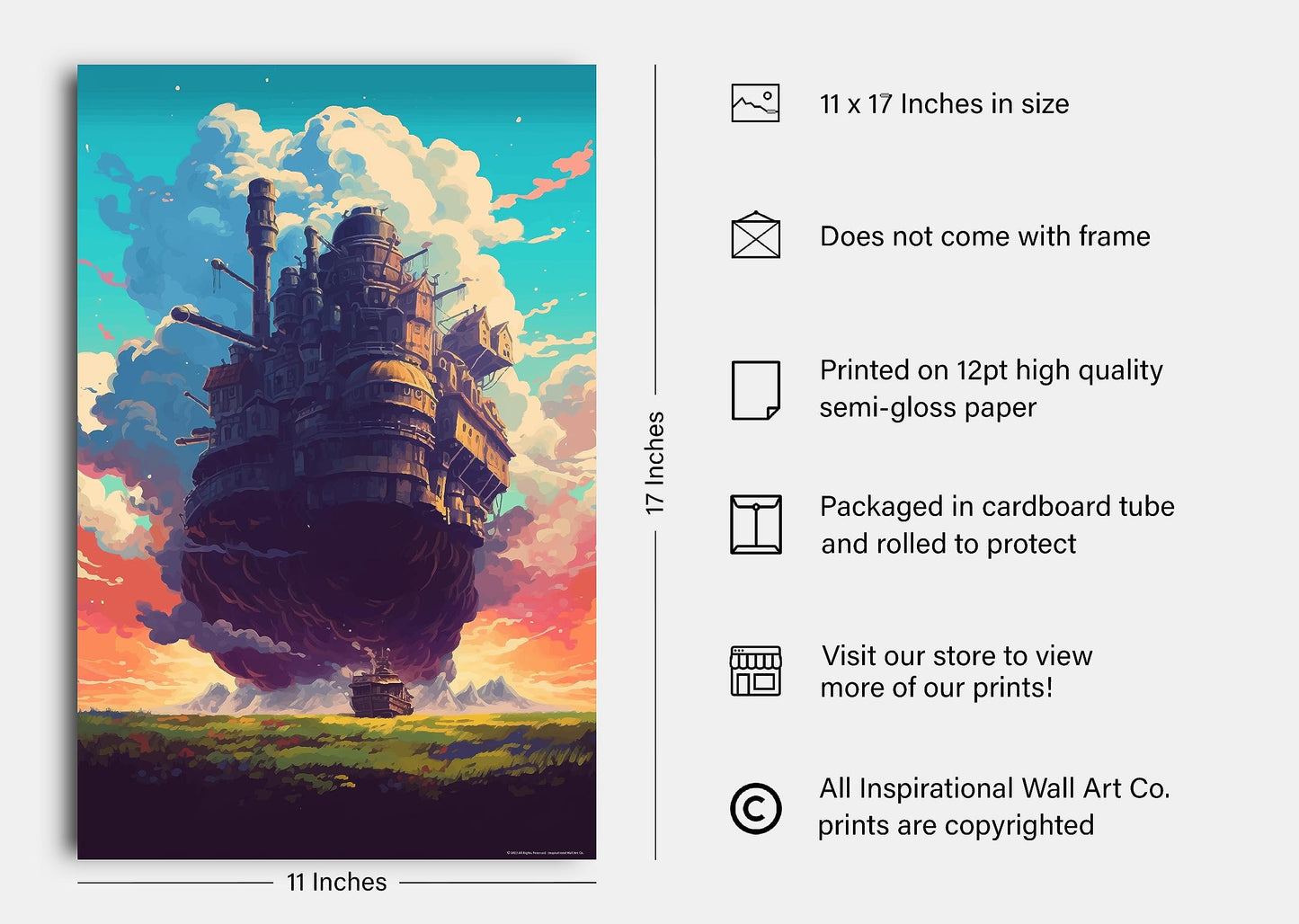 Inspirational Wall Art Co. - Howl's Moving Castle Poster Studio Ghibli Art Print - Anime Movie Posters for Fans - Unframed (11x17 Inches)