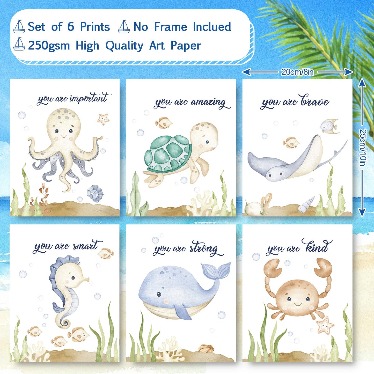 AnyDesign Texture of Dreams Watercolor Sea marine life Art Print Set of 6 (8" x 10") Sea Turtle Seahorse fish whale Jellyfish Watercolor Poster Blue Theme School Kids Room Wall Decor, Unframed
