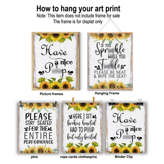 Funny Bathroom Humorous Quotes Art Prints, Sunflower Bathroom Wall Art Decor, Rustic Farmhouse Bathroom Wall Decor, Vintage Bathroom Decor, Country Funny Signs For Bathroom Poster Set Of 6, 8x10 In