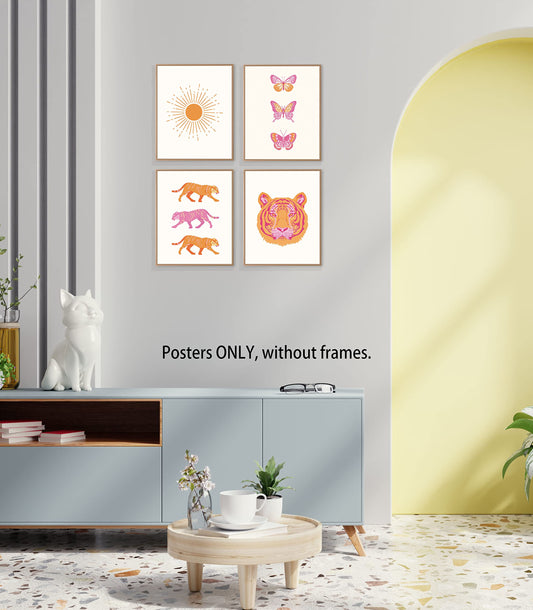 LiTiu Boho Sun Sunrise Sunshine Tiger Butterfly Preppy Trendy Wall Art Poster Prints Decor,8”x10”Set Of 4,Boho Artwork Girls Gifts for Women, Decor For Girls Dorm Room