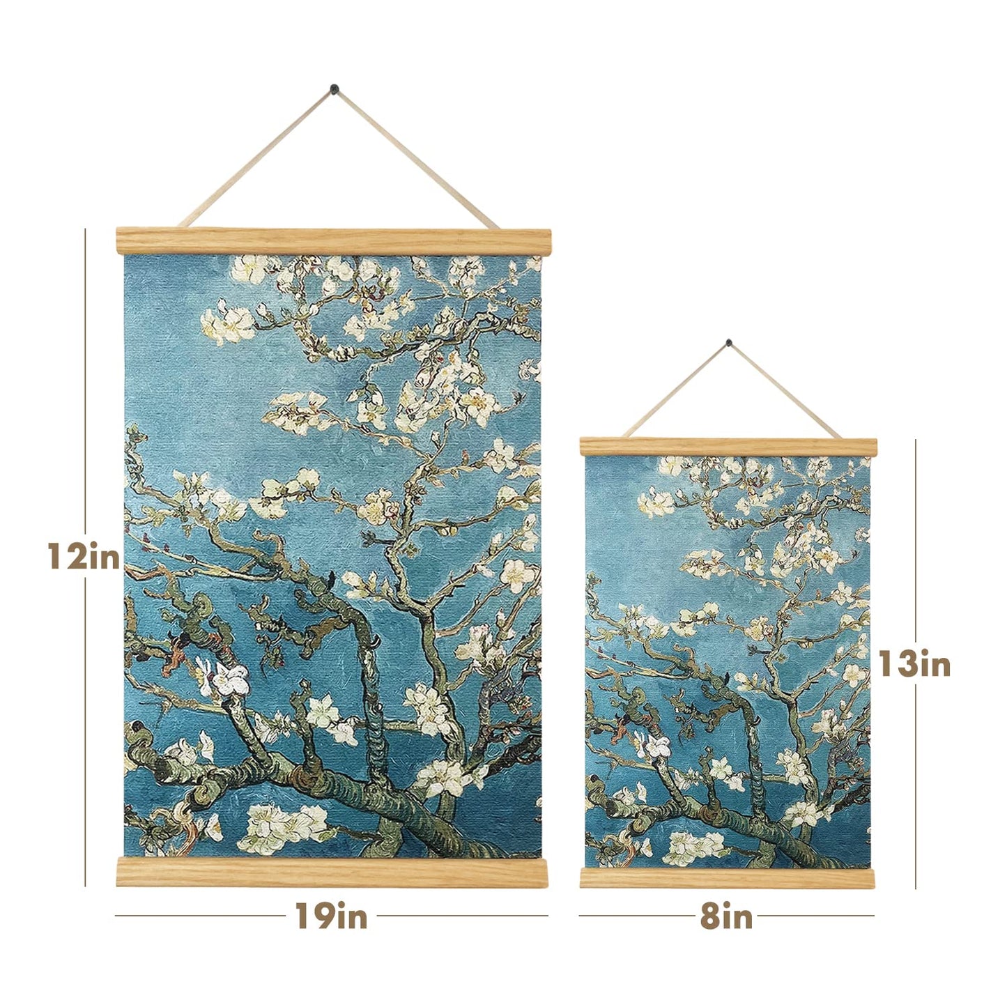 THVANART Van Gogh Canvas Wall Art Posters and Prints Almond Blossom Framed Oak Wood Scroll Hang Wall Decor for Living Room Bedroom Home Office Decorations (Almond Blossom, 8x13inch（20x33cm）)