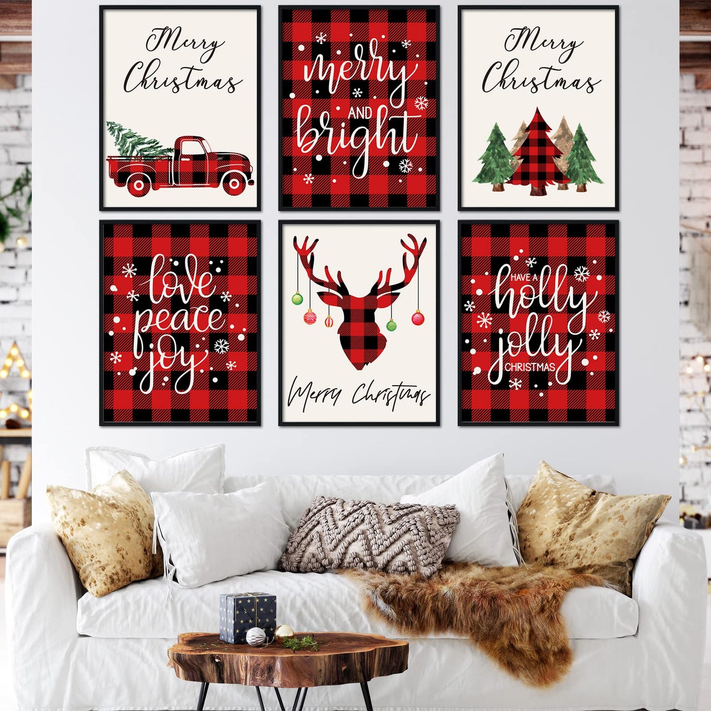 AnyDesign 6Pcs Christmas Wall Art Prints 8x10in Red Black Buffalo Plaid Art Poster Decor Farmhouse Xmas Tree Truck Reindeer Posters Room Decor for Gallery Living Room Bathroom Wall Decor(NO FRAME)