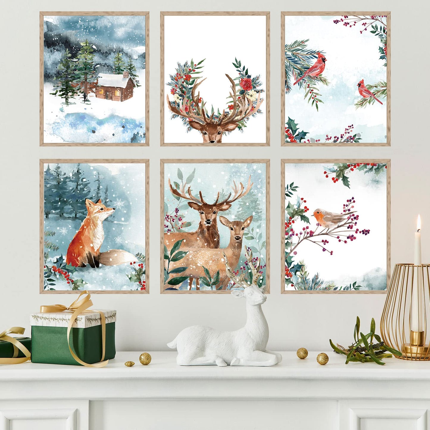 AnyDesign 9Pcs Christmas Wall Art Prints Watercolor Woodland Posters Decorative Natural Xmas Tree Reindeer Forest Art Posters for Home Gallery Living Room Bedroom Decor, 8 x 10 Inch, Unframed