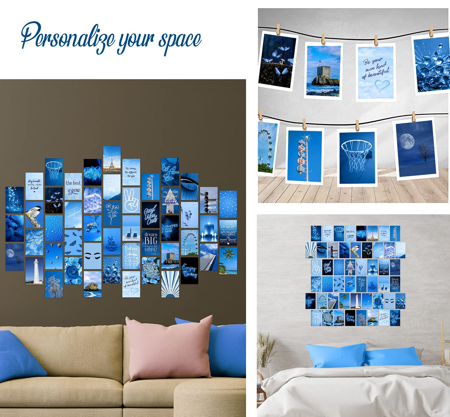 WOONKIT Blue Wall Collage Kit Aesthetic Pictures, Room Decor for Teen Girls, Blue Wall Room Bedroom Dorm Decor, Blue Wall Posters Prints, Photo Collage Kit, Trendy Teen, 50pcs 4x6 inch