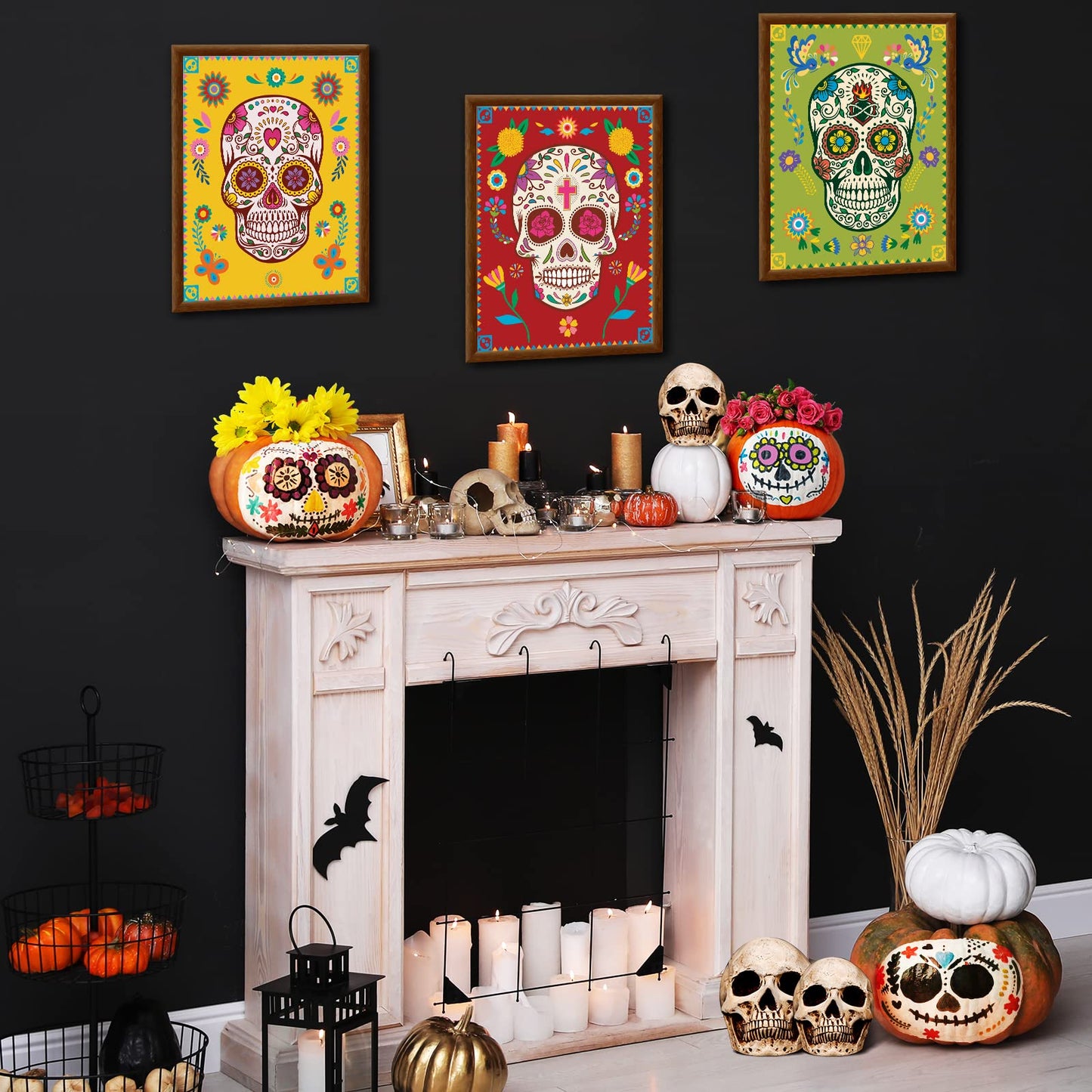 Clabby 12 Pieces Sugar Skull Decor Art Prints Day of the Dead Poster Dia De Muertos Skulls Wall Mexican Theme for Halloween Fiesta Office Party Home Decor, White