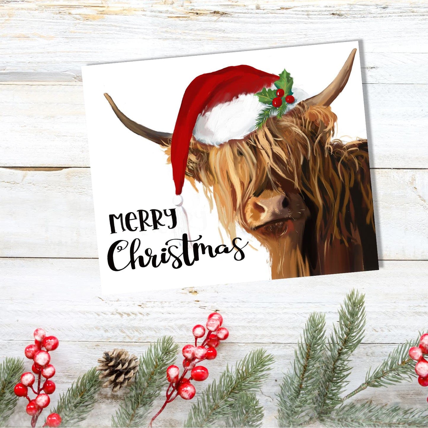 YPY Highland Cow Canvas Wall Art: Merry Christmas Cow Decorations for Home - Red Hat Cow Picture Farmhouse Decor Cute Farm Animal Print Framed Poster for Bedroom Living Room 10" x 12"