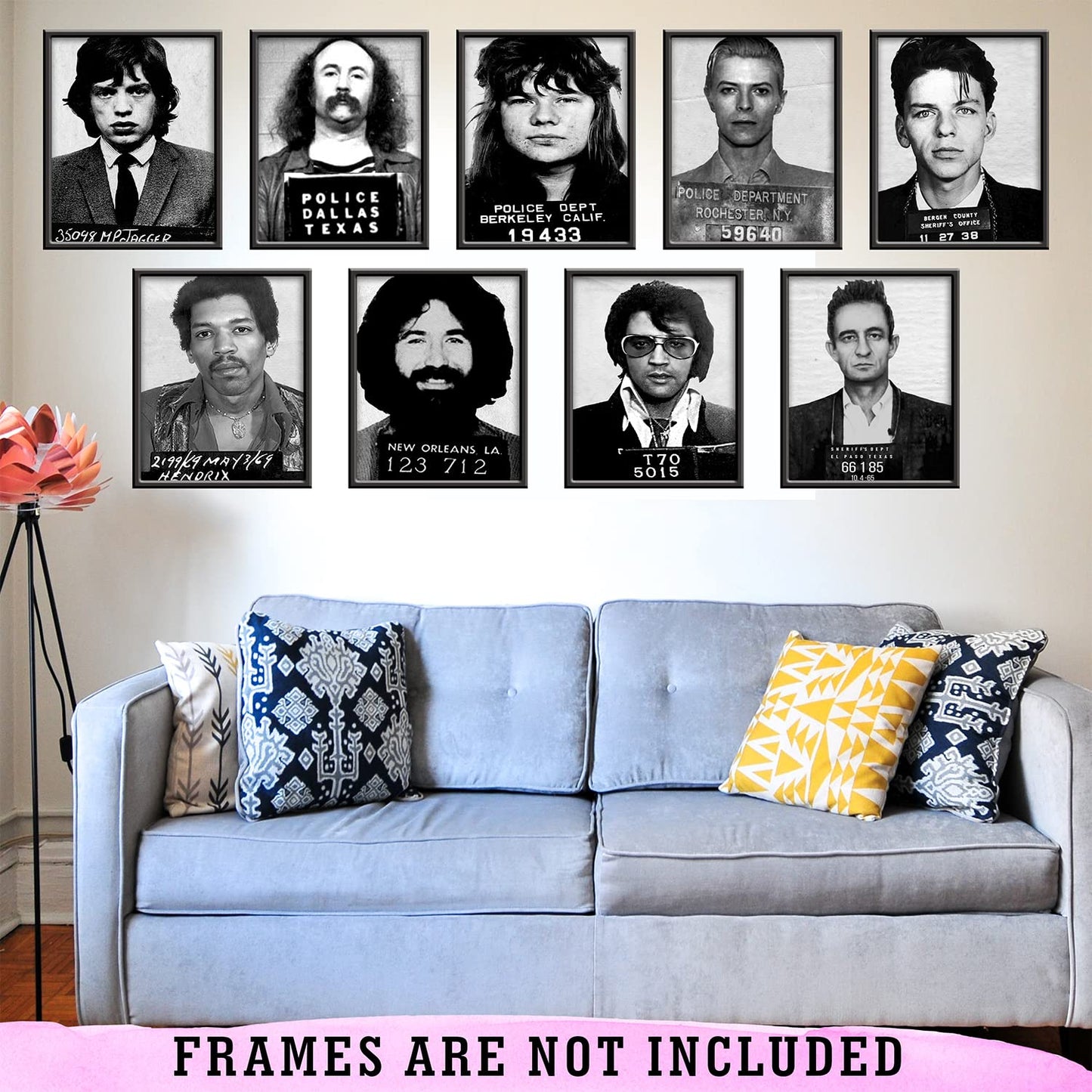 Musician Mugshot Poster - Bowie Elvis Johnny Cash Jerry Garcia Jimi Hendrix Mick Jagger Frank Sinatra David Crosby Janice Joplin - Vintage Rock Band Posters Wall Art - Set of 9 Unframed 8x10 Prints