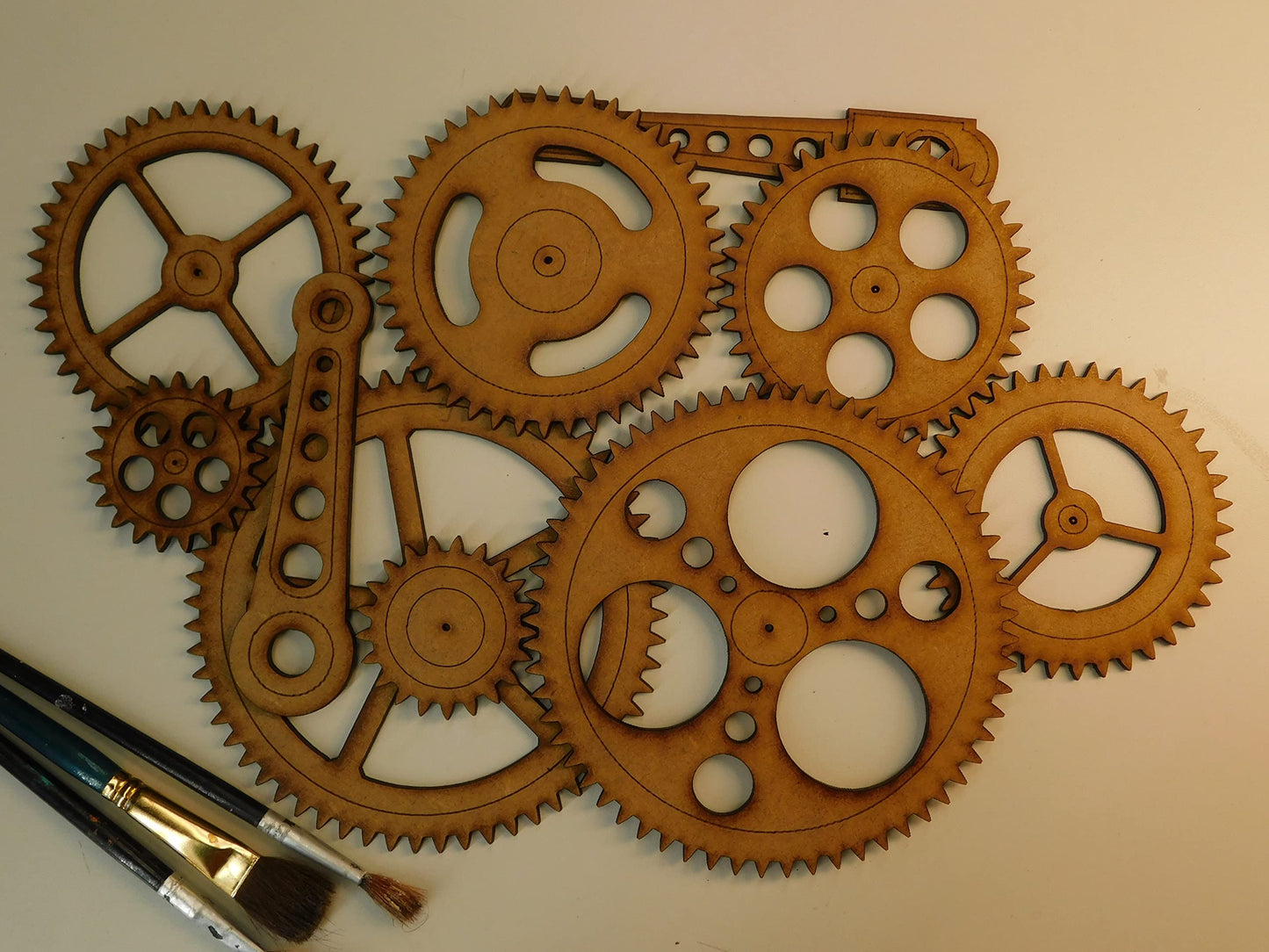 Steampunk Gears Wall Decor - Eight Gears, Two Push Rods - UNFINISHED - Free Shipping - Wood Gears