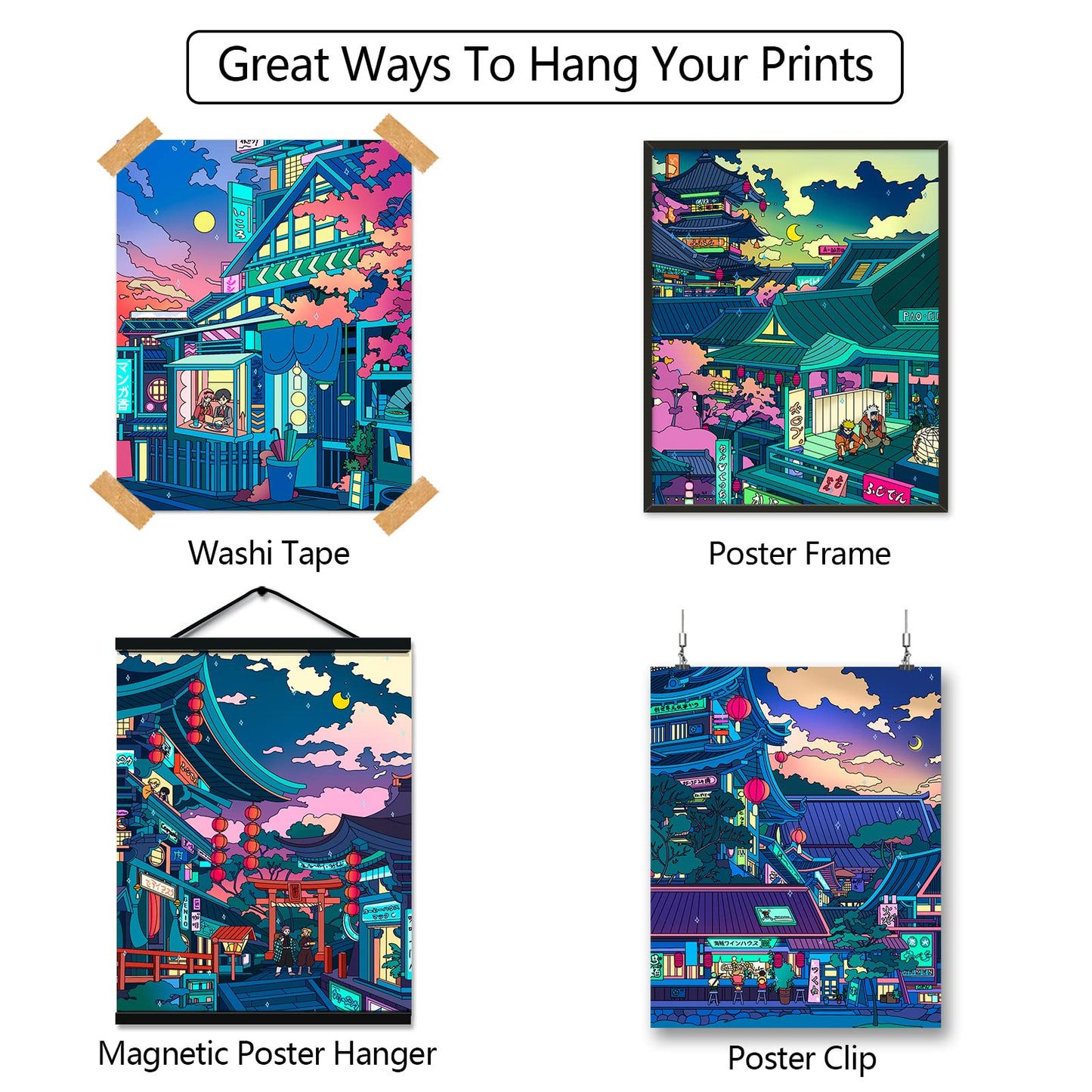 DALIHEBO Anime Poster Japanese Wall Art Decor Neon Night Scene Wall Art Gift Set of 4(8x10 in Unframed)