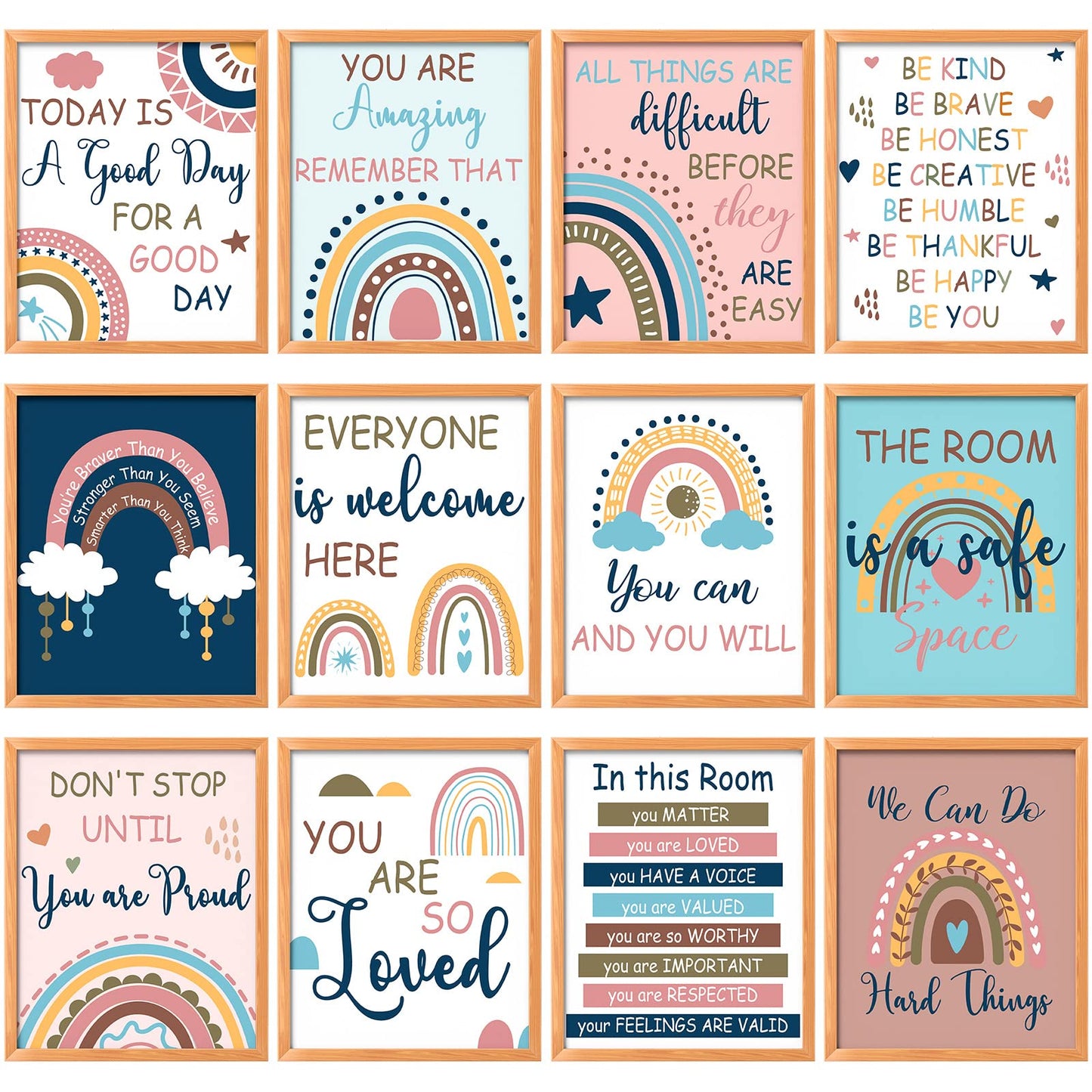 Nezyo 12 Pcs Rainbow Inspirational Wall Art Prints Boho Nursery Poster Decor Pastel Unframed Nursery Decor Rainbow Classroom Decor Nursery Wall Art for Girls Bedroom, 11 x 14 Inch (Fresh Style)