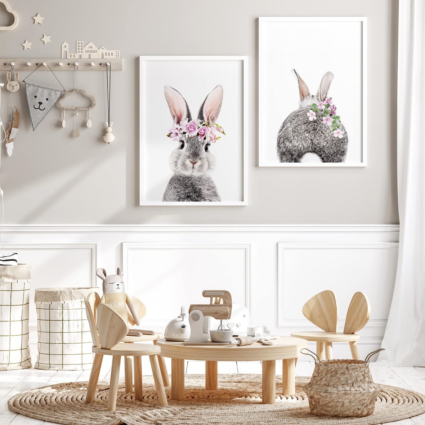 AnyDesign 2Pcs Easter Bunny Wall Art Prints Baby Bunny Rabbit Art Poster Baby Animals Nursery Flower Prints Room Decor Aesthetic for Nursery Wall Kids Bedroom Home Decor (8"x10" UNFRAMED)